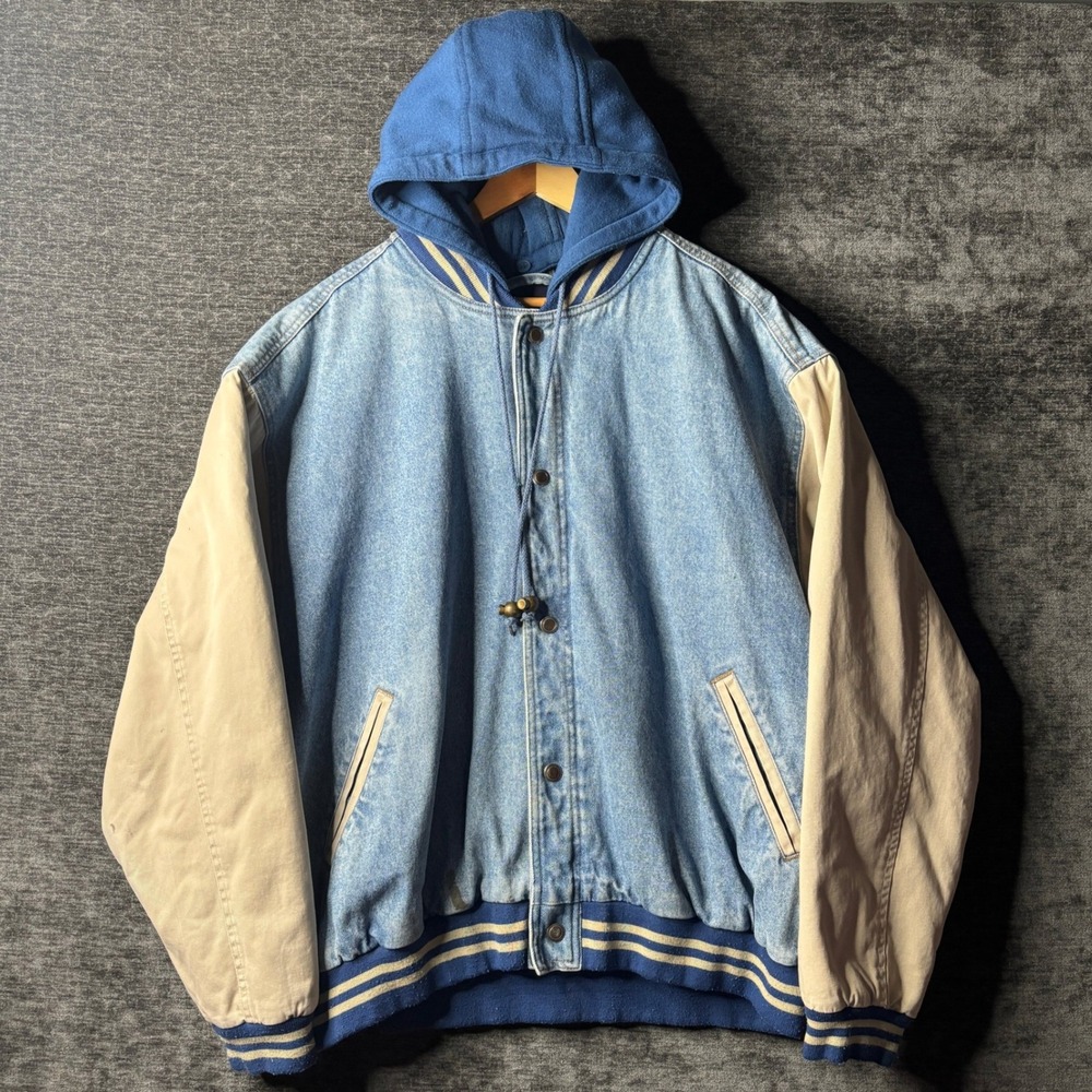 Vintage 90s Basic Editions Denim Varsity Jacket Blue Cream Hooded XL Grunge Snap
